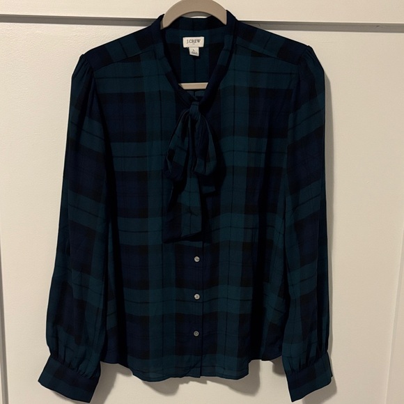J.Crew Green Navy and Black Plaid Blouse with Bow - Picture 3 of 7